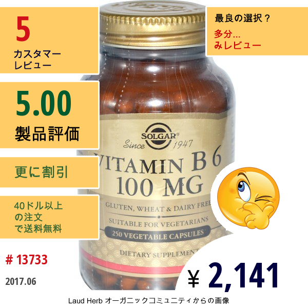 Solgar, ビタミンB6、100 Mg、250ベジカプセル