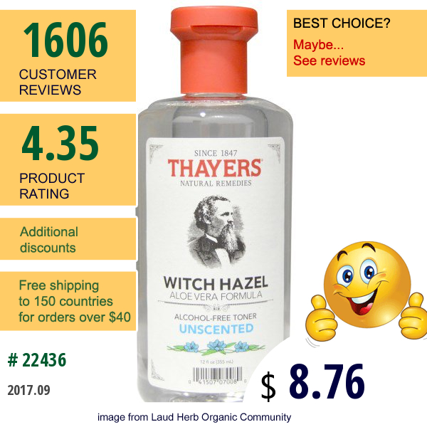 Thayers, Witch Hazel, Aloe Vera Formula, Alcohol Free Toner, Unscented , 12 Fl Oz (355 Ml)