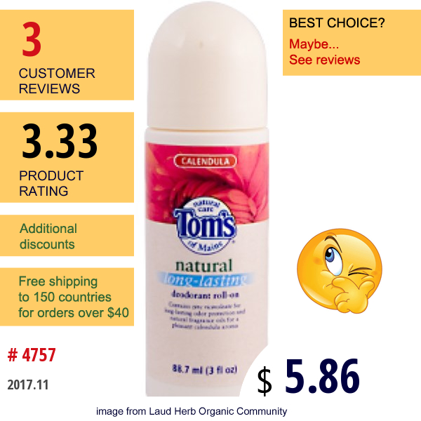 Toms Of Maine, Natural Long-Lasting Deodorant Roll-On, Calendula, 88.7 Ml (3 Fl Oz)  