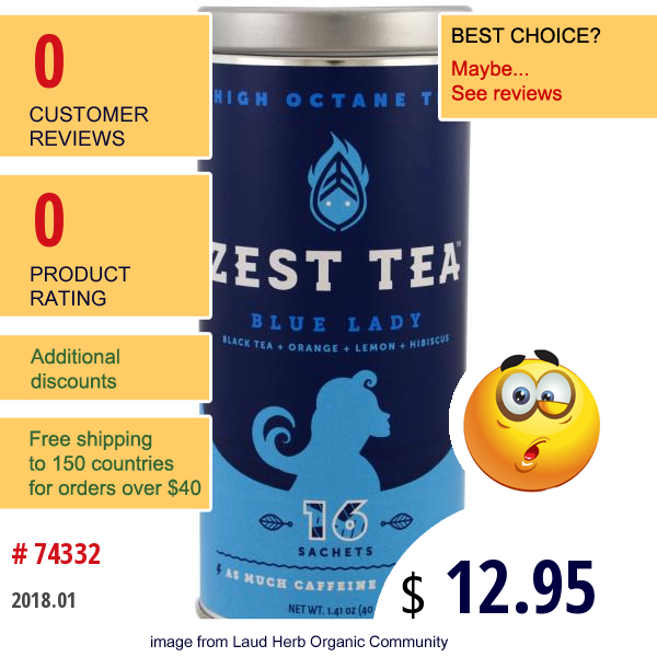 Zest Tea Llz, High Octane Tea, Blue Lady, 16 Sachets, 1.41 Oz (40 G) 