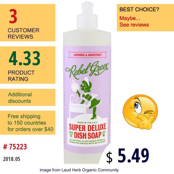 Rebel Green, Super Deluxe Dish Soap, Lavender & Grapefruit, 16 Fl Oz (473 Ml)