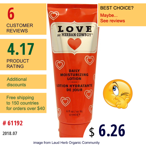 Herban Cowboy, Daily Moisturizing Lotion, Love, 6 Fl Oz (177 Ml)  