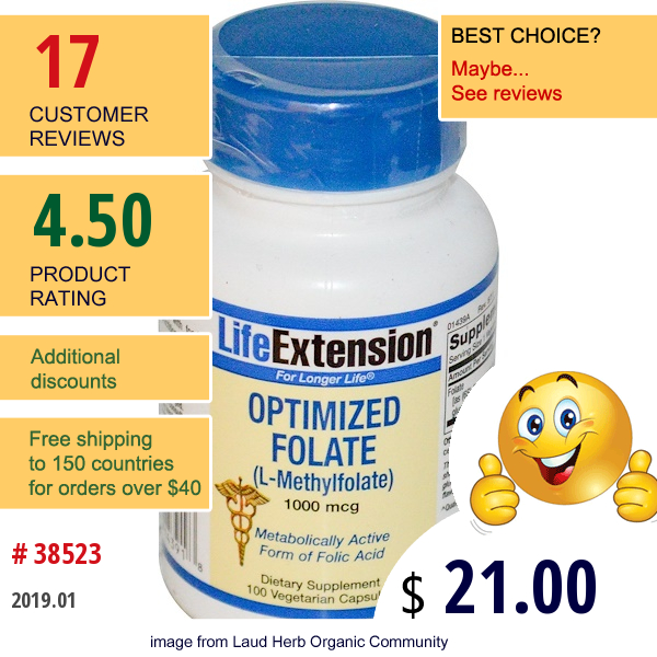 Life Extension, Optimized Folate (L-Methylfolate), 1000 Mcg, 100 Veggie Caps  