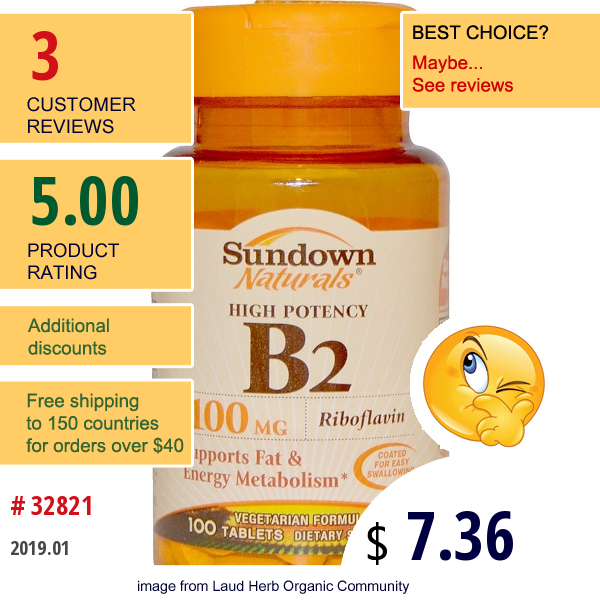 Sundown Naturals, High Potency B2, 100 Mg, 100 Tablets  