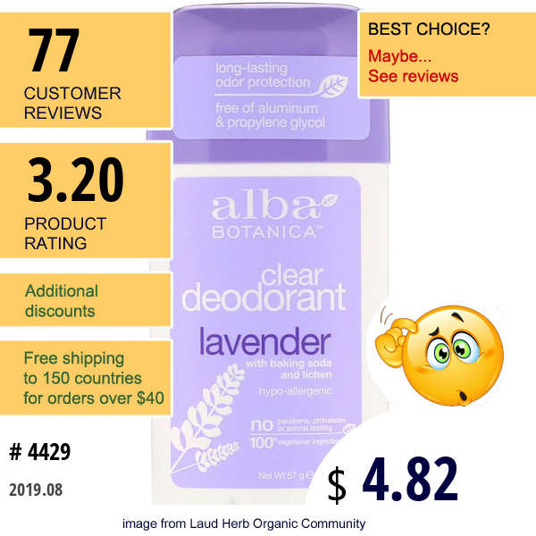 Alba Botanica, Clear Deodorant, Lavender, 2 Oz (57 G)