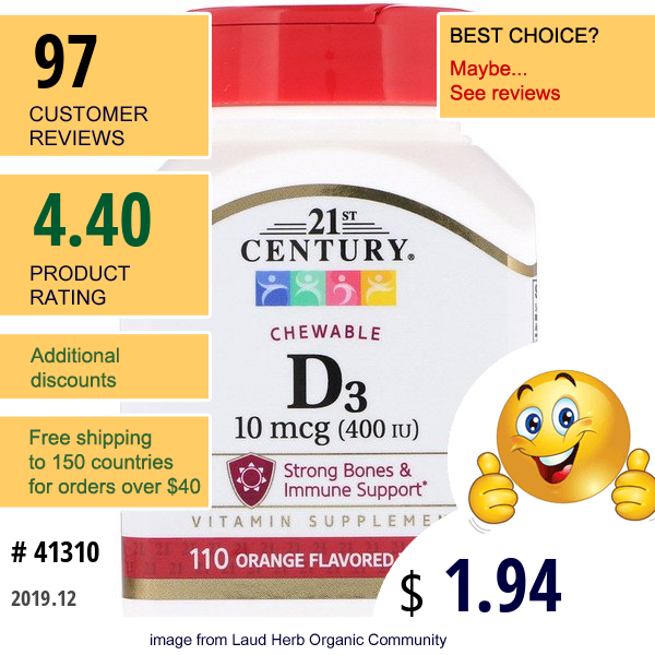 21St Century, Vitamin D3, Chewable, Orange Flavored, 400 Iu, 110 Tablets