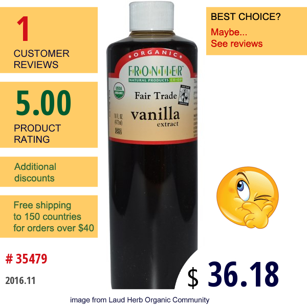 Frontier Natural Products, Fair Trade Organic Vanilla Extract, Farm Grown , 16 Fl Oz (472 Ml)  