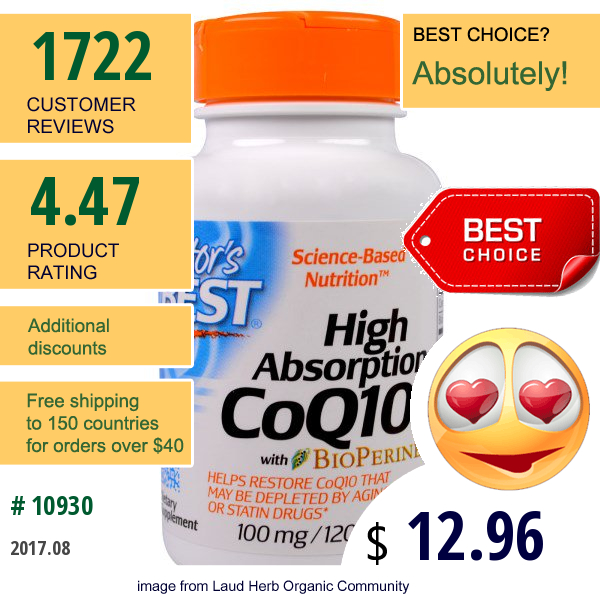 Doctors Best, High Absorption Coq10 With Bioperine, 100 Mg, 120 Softgels