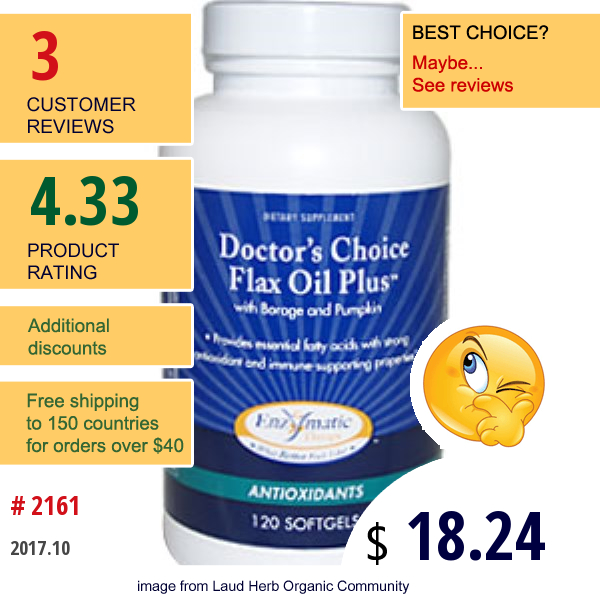 Enzymatic Therapy, Doctors Choice Flax Oil Plus With Borage And Pumpkin, 120 Softgels  