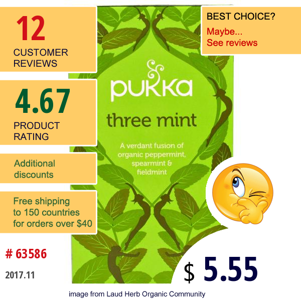 Pukka Herbs, Three Mint, Caffeine Free, 20 Herbal Tea Sachets, 1.12 Oz (32 G)