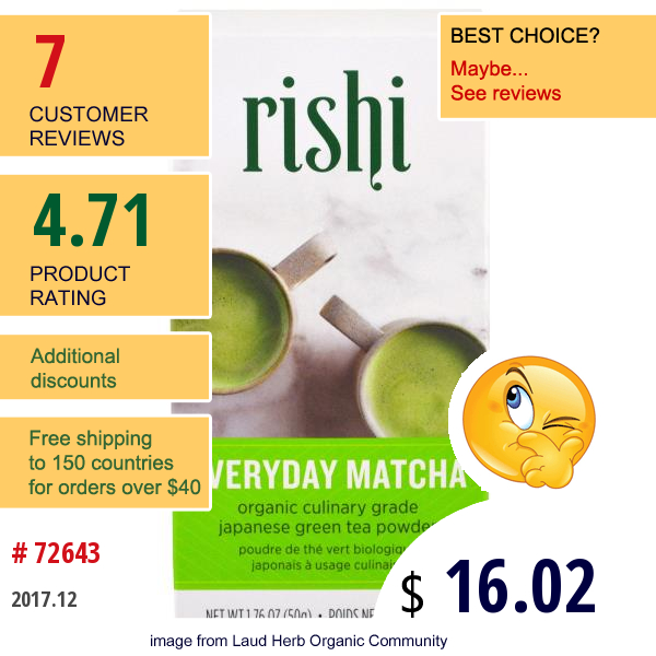 Rishi Tea, Organic Everyday Matcha Powder, 1.76 Oz (50 G)