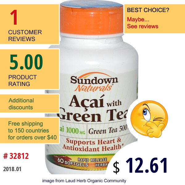 Sundown Naturals, Acai With Green Tea, 60 Softgels  