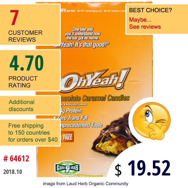 Oh Yeah!, Good Grab, Chocolate Caramel Candies, 12 Bars, 1.59 Oz (45 G) Per Bar  