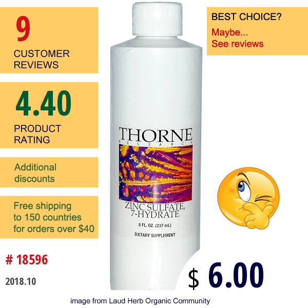 Thorne Research, Zinc Sulfate, 7-Hydrate, 8 Fl Oz (237 Ml)  