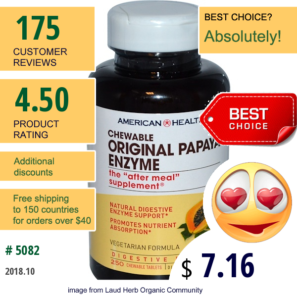 American Health, Chewable Original Papaya Enzyme, 250 Chewable Tablets