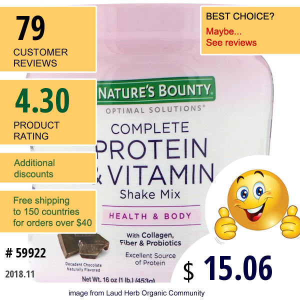 Natures Bounty, Optimal Solutions, Complete Protein & Vitamin Shake Mix, Decadent Chocolate, 16 Oz (453 G)