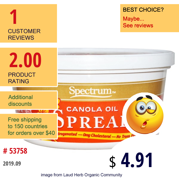 Spectrum Culinary, Canola Oil Spread, 10 Oz (284 G) (Ice)   
