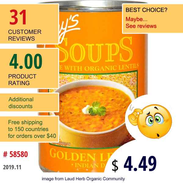 Amy'S, Organic Soups, Golden Lentil, Indian Dal, 14.4 Oz (408 G)  