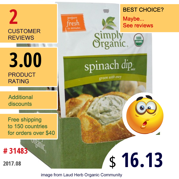 Simply Organic, Spinach Dip Mix, 12 Packets, 1.41 Oz (40 G) Each  