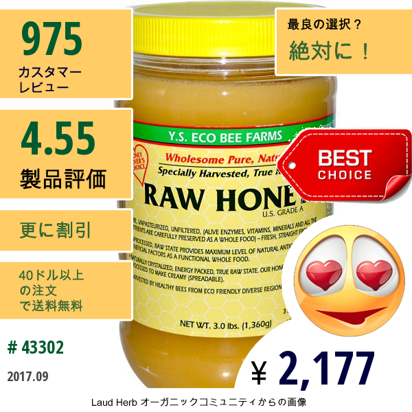 Y.s. Eco Bee Farms, 生蜂蜜、3.0ポンド(1,360 G)