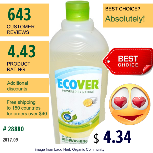 Ecover, Natural Dishwashing Liquid, Lemon Scent & Aloe Vera, 32 Fl Oz (946 Ml)  