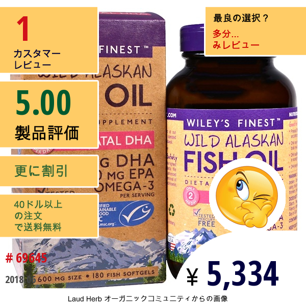 Wileys Finest, ワイルド・アラスカン・フィッシュオイル、胎児期Dha、600Mg、フィッシュソフトジェル180錠