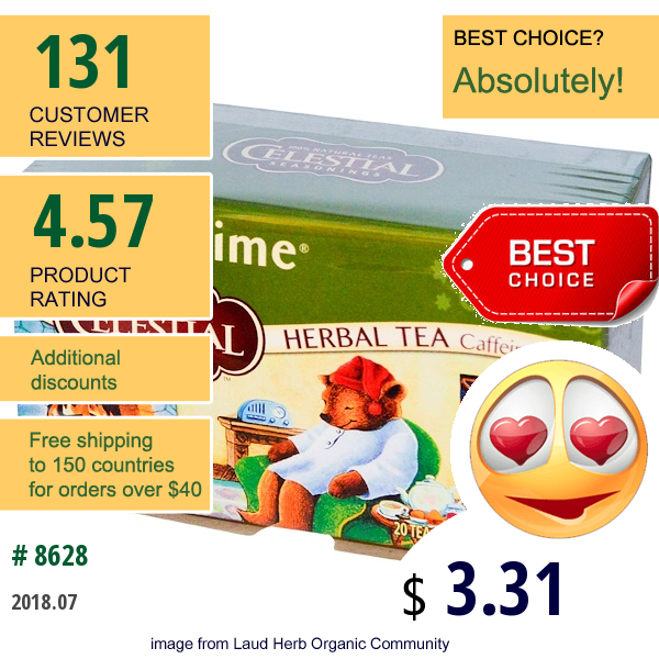 Celestial Seasonings, Herbal Tea, Sleepytime, Caffeine Free, 20 Tea Bags, 1.0 Oz (29 G)