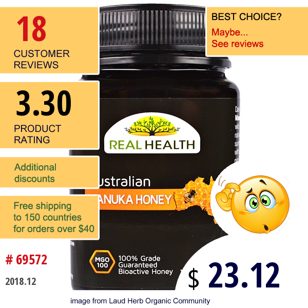 Real Health, Australian Manuka Honey, Mgo 100, 17.6 Oz (500 G)  