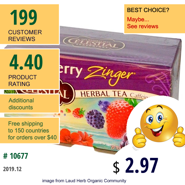 Celestial Seasonings, Herbal Tea, Caffeine Free, Wild Berry Zinger, 20 Tea Bags, 1.7 Oz (47 G)