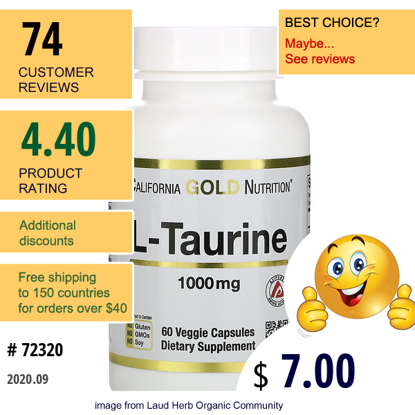 California Gold Nutrition, L-Taurine, 1,000 Mg, 60 Veggie Capsules