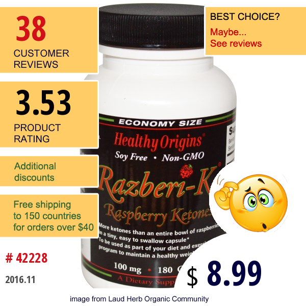 Healthy Origins, Razberi-K, Raspberry Ketones, 100 Mg, 180 Capsules