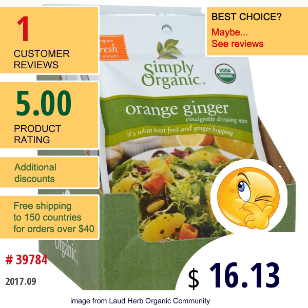 Simply Organic, Orange Ginger Vinaigrette Dressing Mix, 12 Packets, 0.71 Oz (20 G) Each  