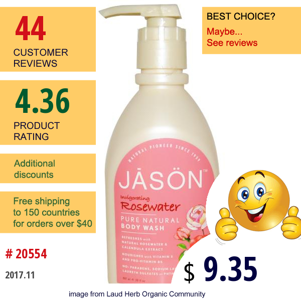 Jason Natural, Pure Natural Body Wash, Invigorating Rosewater, 30 Fl Oz (887 Ml)