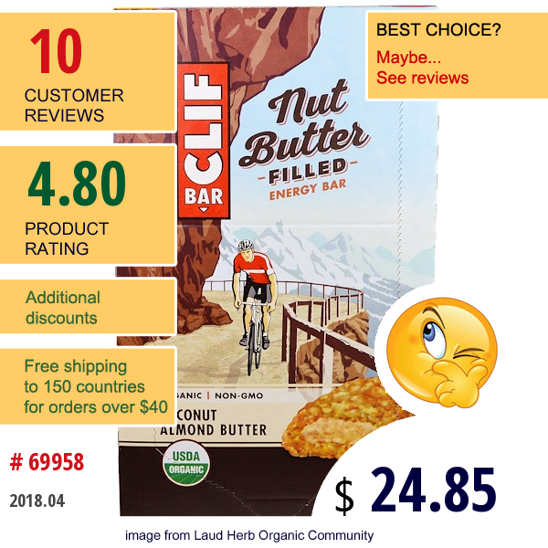 Clif Bar, Organic, Nut Butter Filled Energy Bar, Coconut Almond Butter, 12 Energy Bars, 1.76 Oz (50 G) Each