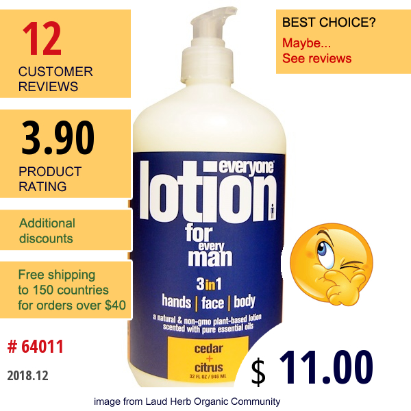 Everyone, Lotion For Every Man 3 In 1, Cedar + Citrus, 32 Fl Oz (946 Ml)