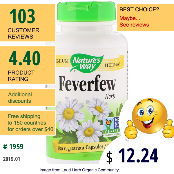 Natures Way, Feverfew Herb, 380 Mg, 180 Vegetarian Capsules