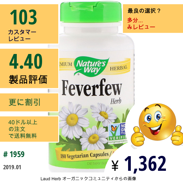 Natures Way, フィーバーフューハーブ、 380 Mg、 180植物性カプセル