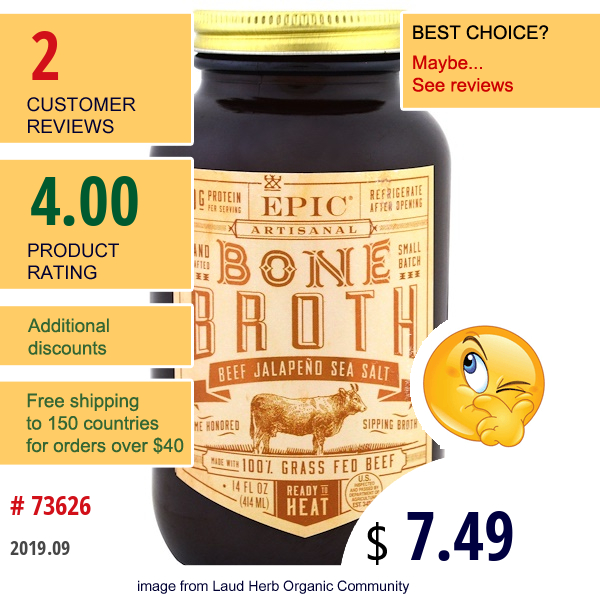 Epic Bar, Artisanal Bone Broth, Beef Jalapeno Sea Salt, 14 Fl Oz (414 Ml)  