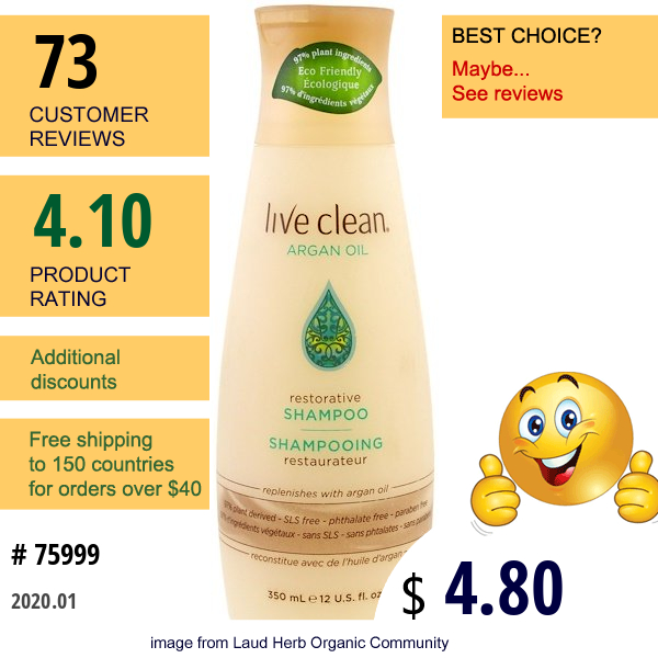 Live Clean, Restorative Shampoo, Argan Oil, 12 Fl Oz (350 Ml)