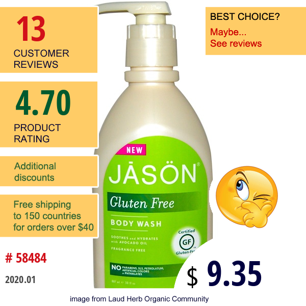 Jason Natural, Gluten Free Body Wash, Fragrance Free, 30 Fl Oz (887 Ml)  