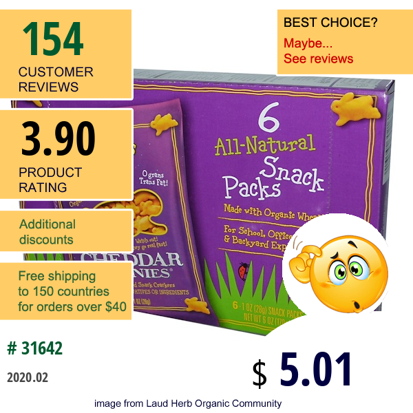 Annie'S Homegrown, Cheddar Bunnies, All-Natural Baked Snack Crackers, 6 Packs, 1 Oz (28 G) Each  