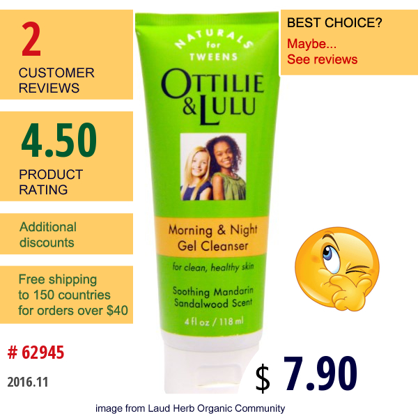 Ottilie Lulu, Morning & Night Gel Cleanser, Soothing Mandarin Sandalwood Scent, 4 Fl Oz (118 Ml)