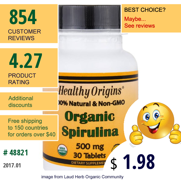 Healthy Origins, Organic Spirulina, 500 Mg, 30 Tablets