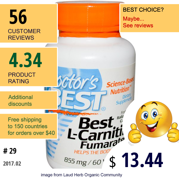 Doctors Best, Best L-Carnitine Fumarate, 855 Mg, 60 Veggie Caps