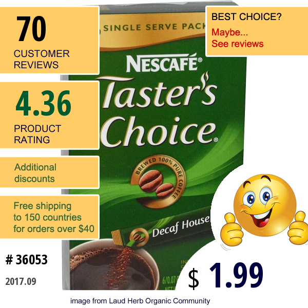 Nescafé, Tasters Choice, Instant Coffee, Decaf House Blend, 6 Packets, 0.07 Oz (2 G) Each  