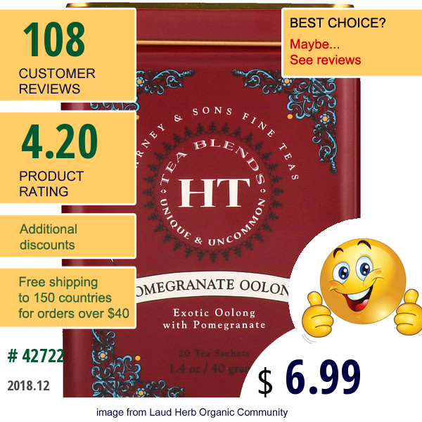 Harney & Sons, Fine Teas, Pomegranate Oolong, 20 Tea Sachets, 1.4 Oz (40 G)