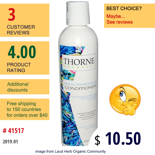 Thorne Research, Thorne Organics, Conditioner With Vitamin E, Unscented Blend, 8.5 Fl Oz (251 Ml)  