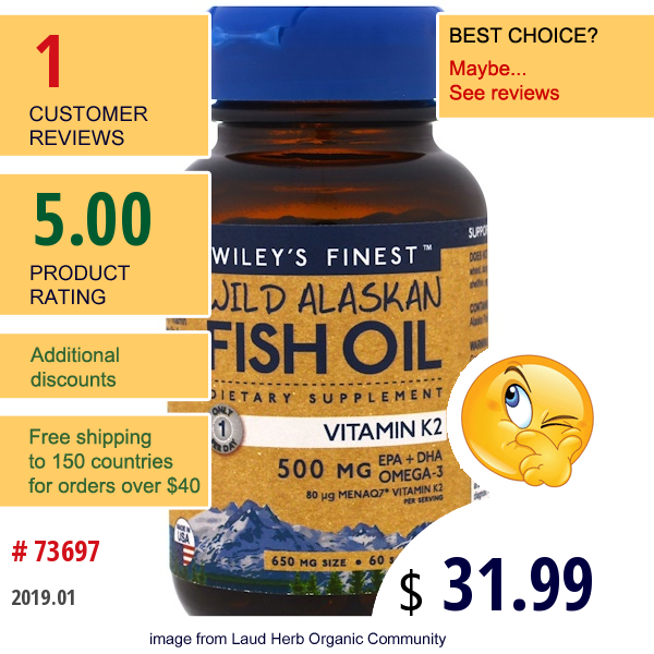 Wileys Finest, Wild Alaskan Fish Oil, Vitamin K2, 60 Fish Oil Softgels