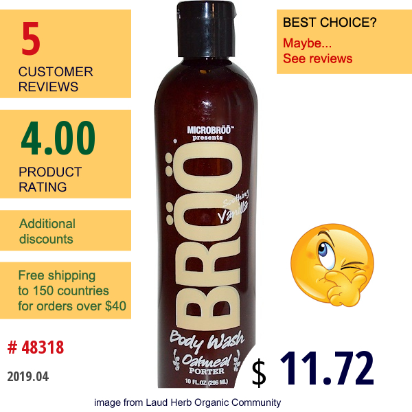 Bröö, Microbroo Presents Body Wash, Oatmeal Porter, Soothing Vanilla, 10 Fl Oz (296 Ml)  