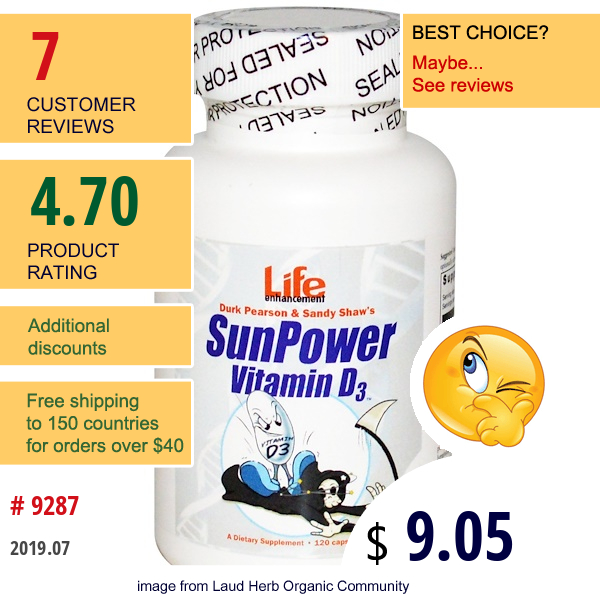 Life Enhancement, Sunpower Vitamin D3, 120 Capsules